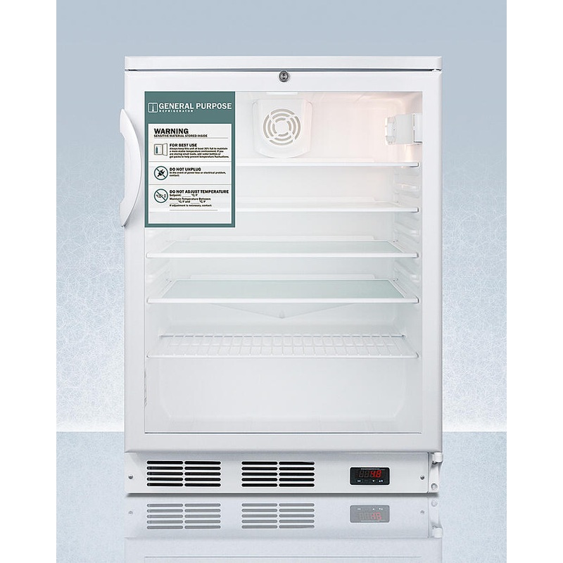 Summit SCR600GLGP Commercially Listed 5.5 Cu.Ft. General Purpose Counter Height All-Refrigerator In A 24" Footprint, With White Cabinet, Glass Door, Digital Thermostat, And Lock