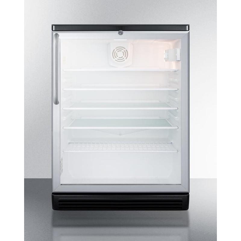Summit SCR600BGLTB Commercially Listed 5.5 Cu.Ft. Counter Height Beverage Center In A 24" Footprint, With Black Cabinet, Glass Door, Towel Bar Handle, And Lock