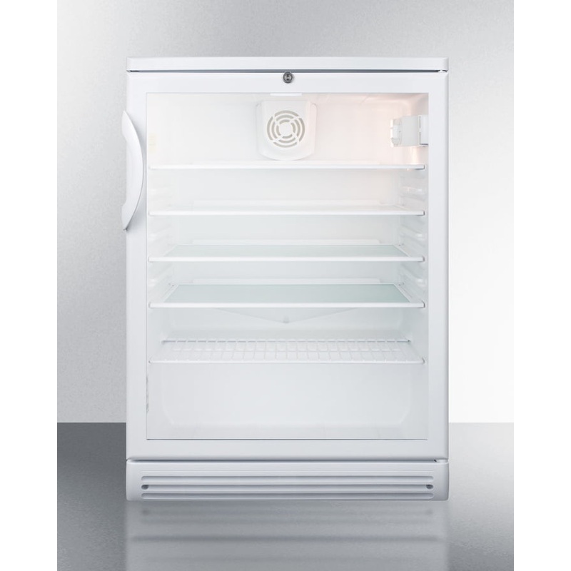 Summit SCR600GLBI Commercially Listed 5.5 Cu.Ft. Built-In Undercounter Beverage Center In A 24" Footprint, With White Cabinet, Glass Door, And Lock