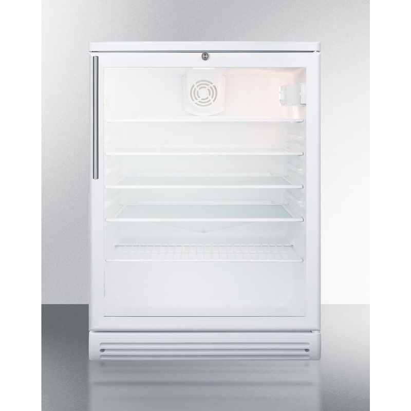 Summit SCR600GLBIHV Commercially Listed 5.5 Cu.Ft. Built-In Undercounter Beverage Center In A 24" Footprint, With White Cabinet, Glass Door, Stainless Steel Handle, And Lock