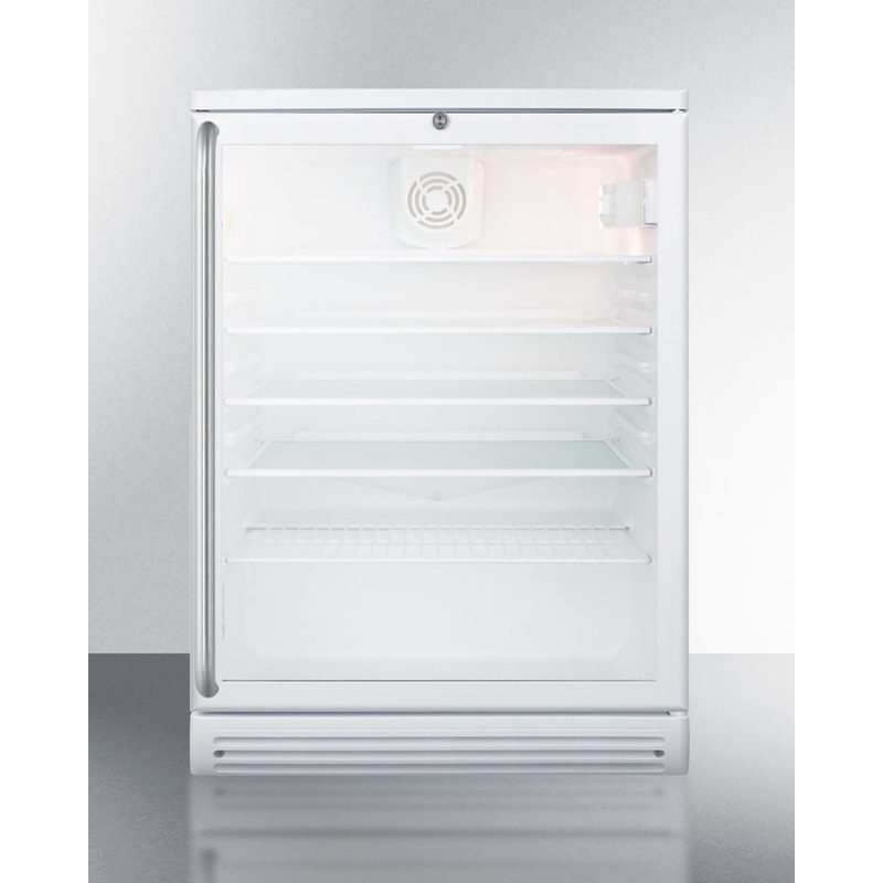 Summit SCR600GLBISH Commercially Listed 5.5 Cu.Ft. Built-In Undercounter Beverage Center In A 24" Footprint, With White Cabinet, Glass Door, Full-Length Towel Bar Handle, And Lock
