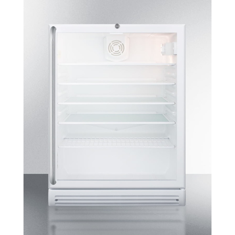 Summit SCR600GLBISHADA Commercially Listed Ada Compliant Built-In Undercounter Beverage Center With White Cabinet, Glass Door, Full-Length Stainless Steel Towel Bar Handle, And Lock