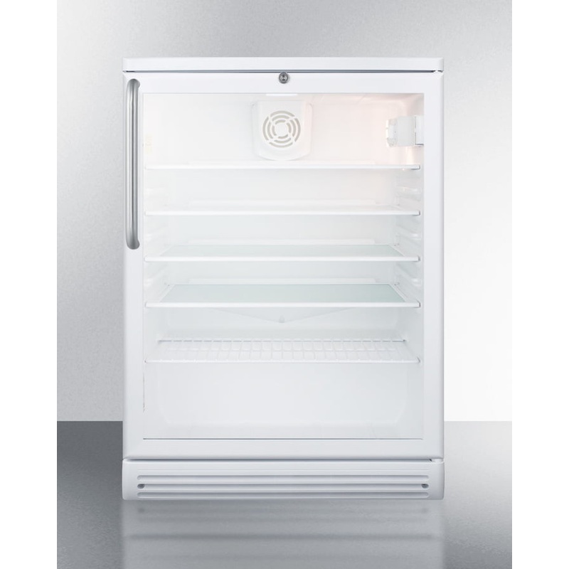Summit SCR600GLBITB Commercially Listed 5.5 Cu.Ft. Built-In Undercounter Beverage Center In A 24" Footprint, With White Cabinet, Glass Door, Towel Bar Handle, And Lock
